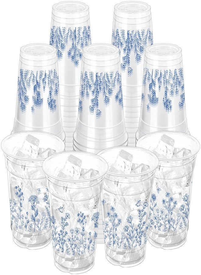 ZCPTZ 100 Pcs Chinoiserie Disposable Plastic Cups,16 oz Blue and White Flower Clear Plastic Cups for Birthday, Baby Shower, Christmas, Wedding and Tea Party Drinking Cups Supplies - Image 1
